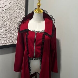 Elegant Burgundy Women's Jacket with Black Lace Trim